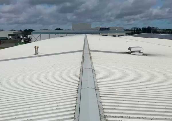 White metal pitched commercial roof