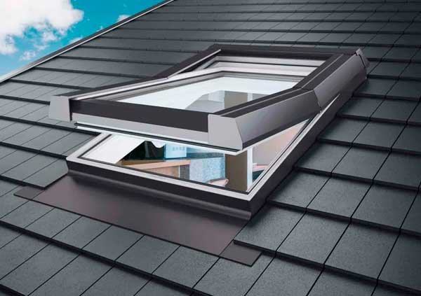 Window installed on a black tiles roof